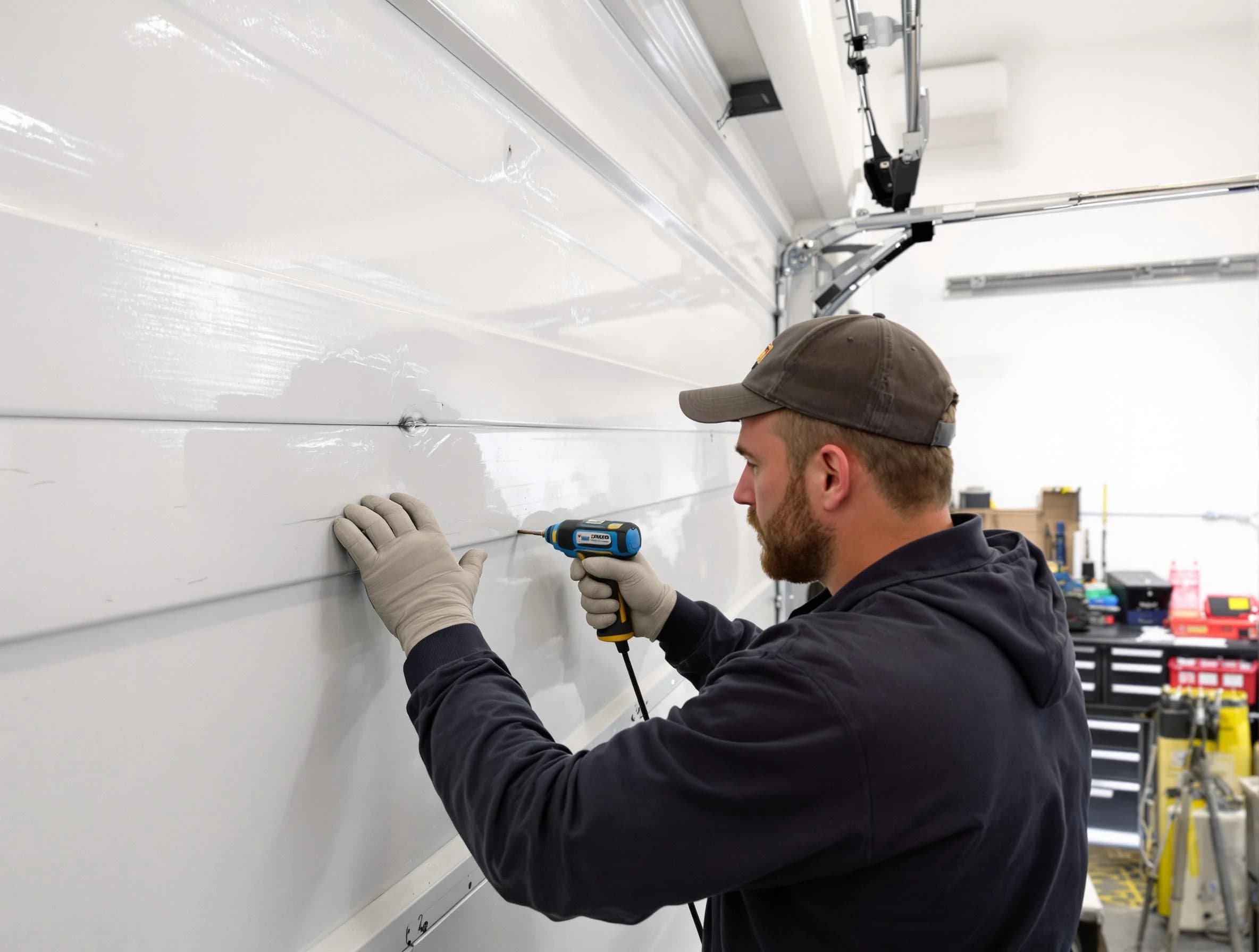 Newnan Garage Door Repair technician demonstrating precision dent removal techniques on a Newnan garage door