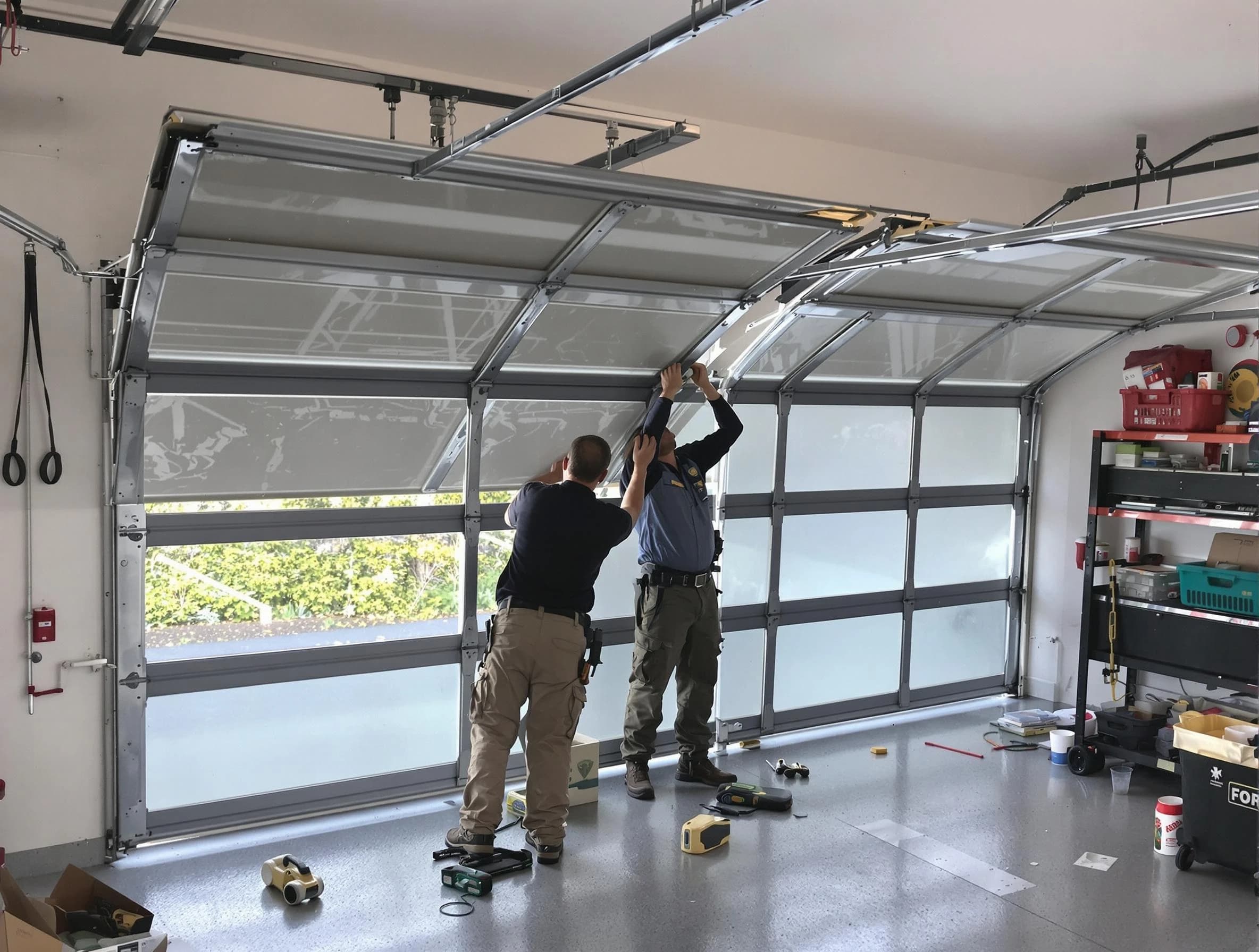 Newnan Garage Door Repair expert performing precise panel replacement on Newnan garage door