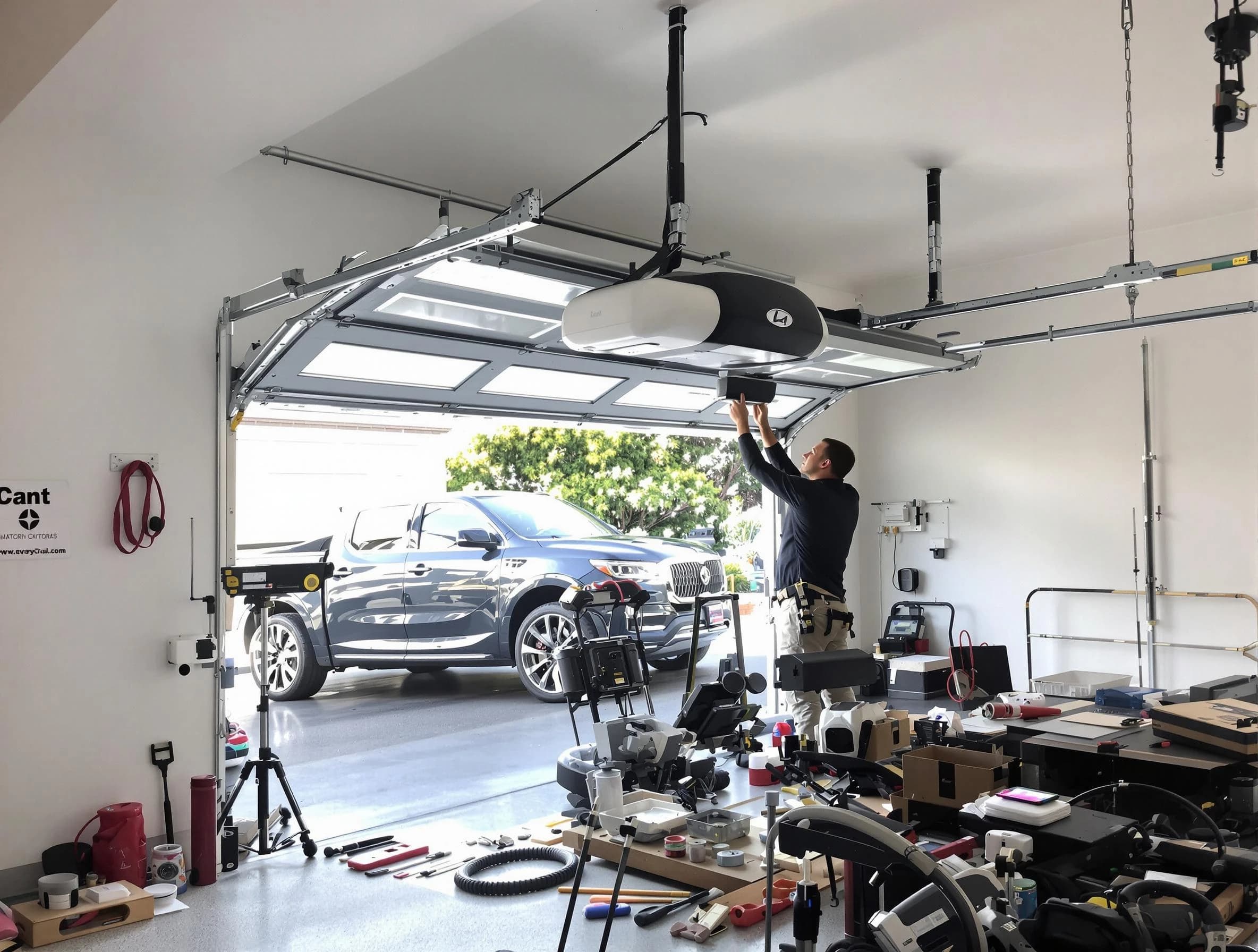 Newnan Garage Door Repair specialist installing smart garage door opener system in Newnan home