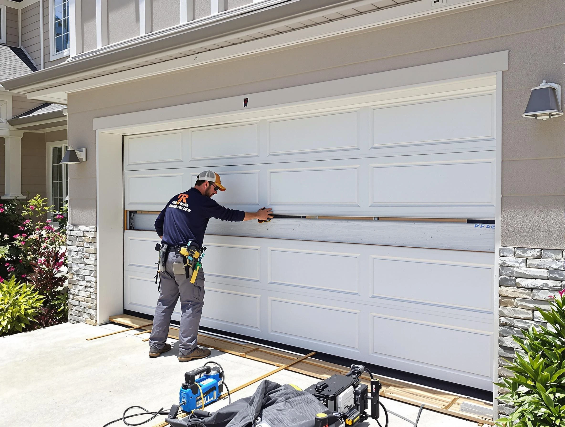 Newnan Garage Door Repair team performing complete garage door replacement at Newnan residence