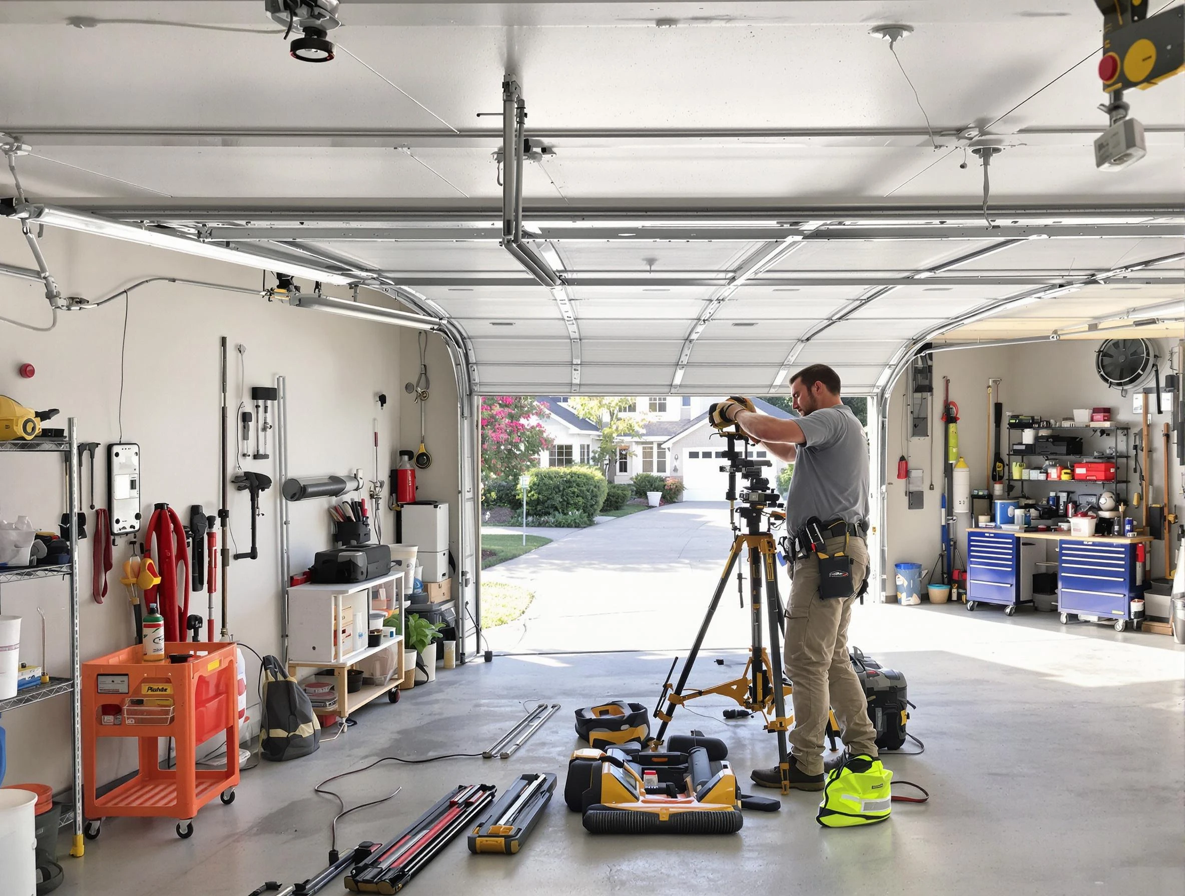 Newnan Garage Door Repair specialist performing laser-guided track alignment in Newnan